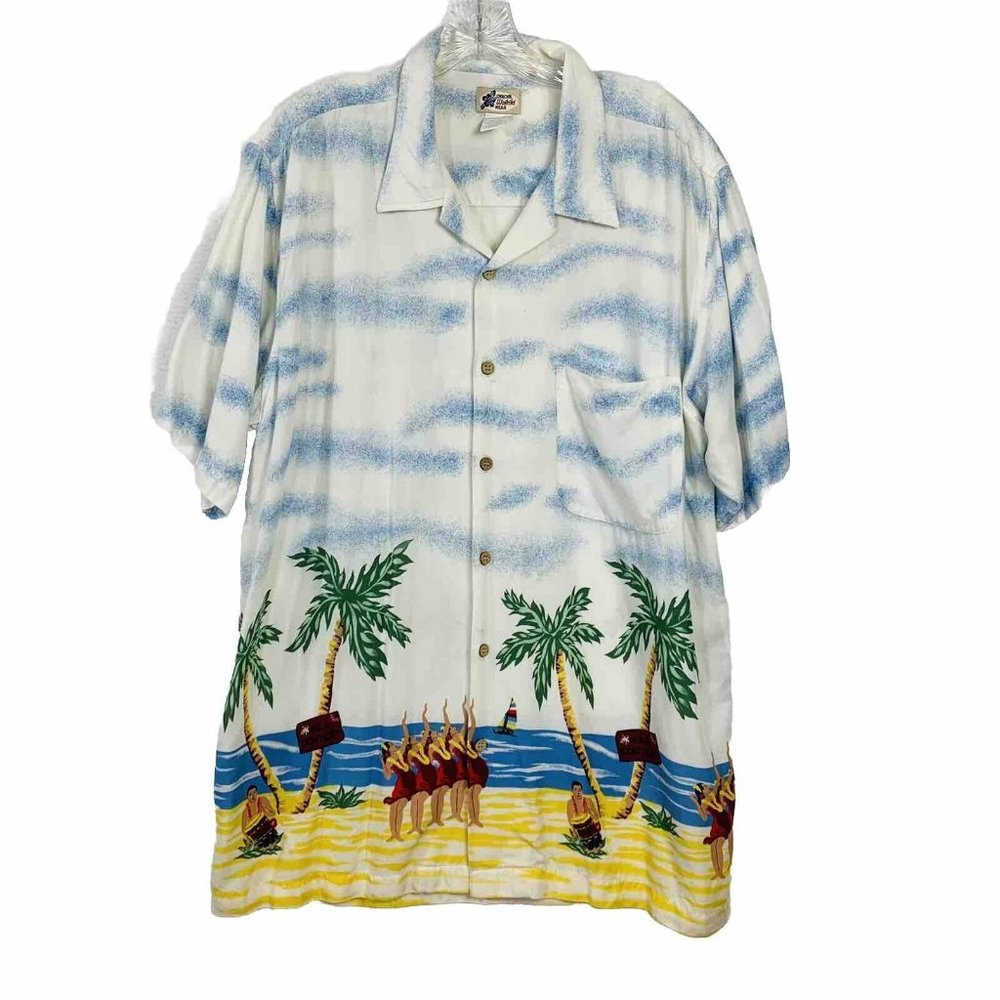 VTG Cherokee Waikiki Wear Hula Girl Hawaiian Shirt Sz L Luau Beach Short Sleeve